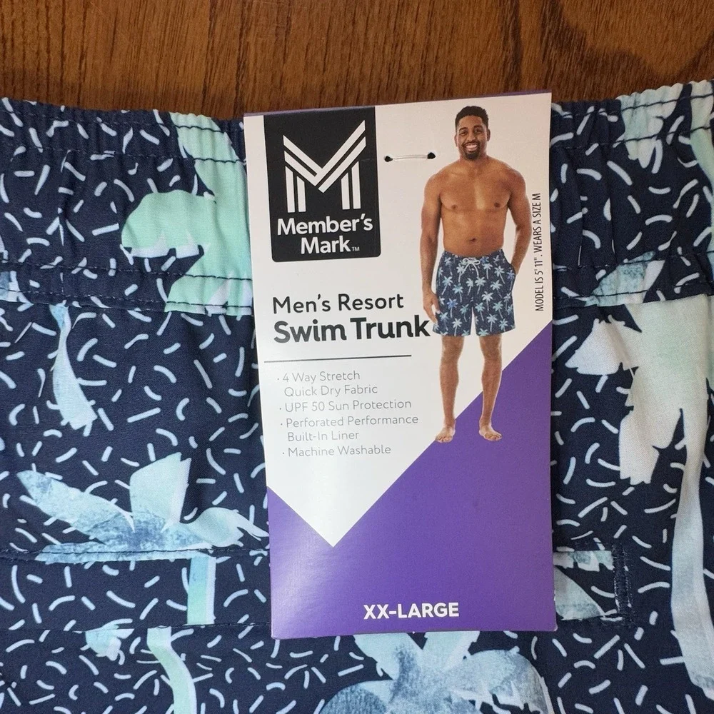 NWT Member's Mark Blue Palm Tree Lined UPF 50 Stretch Resort Swim Trunk Mens XXL